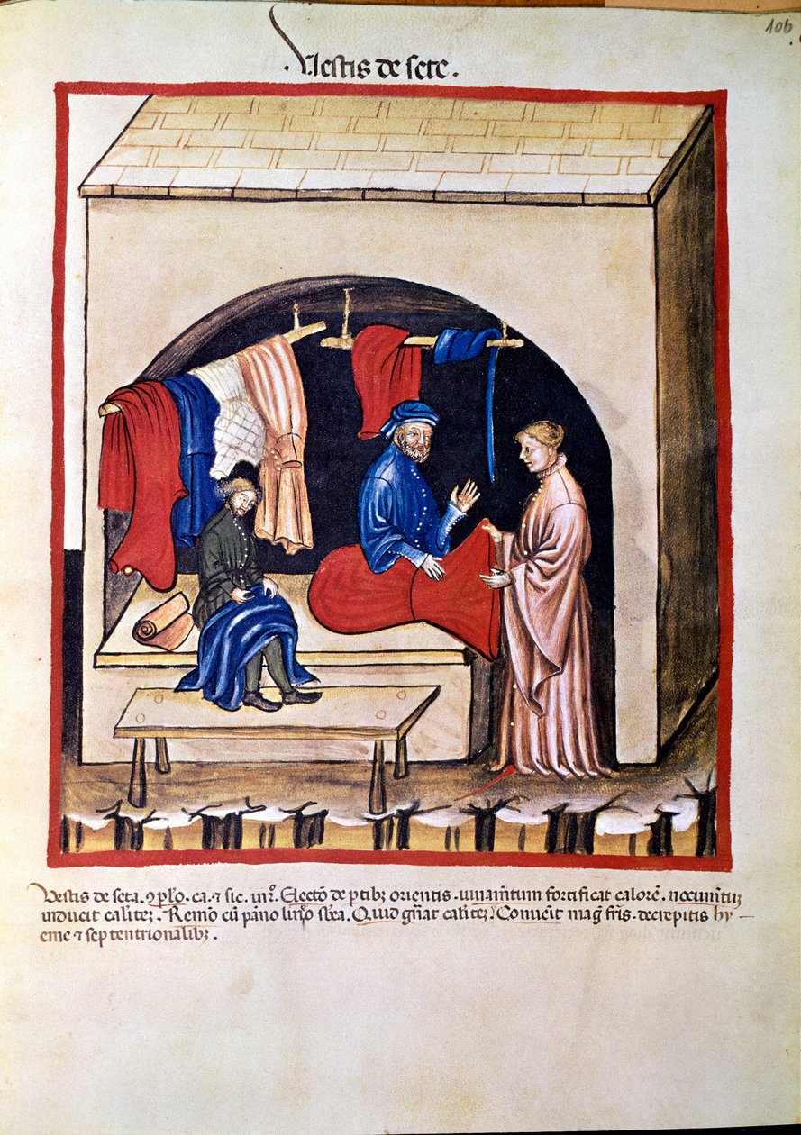Gyógyszerkereskedelem: „” selyemruha-kereskedő”” Oldal átvétele a „” Tacuinum sanitatis”-ból” (Cod. ser. nov. 2644) 1400 körül Bécs, Osztrák Nemzeti Könyvtár alkotó: Unknown artist