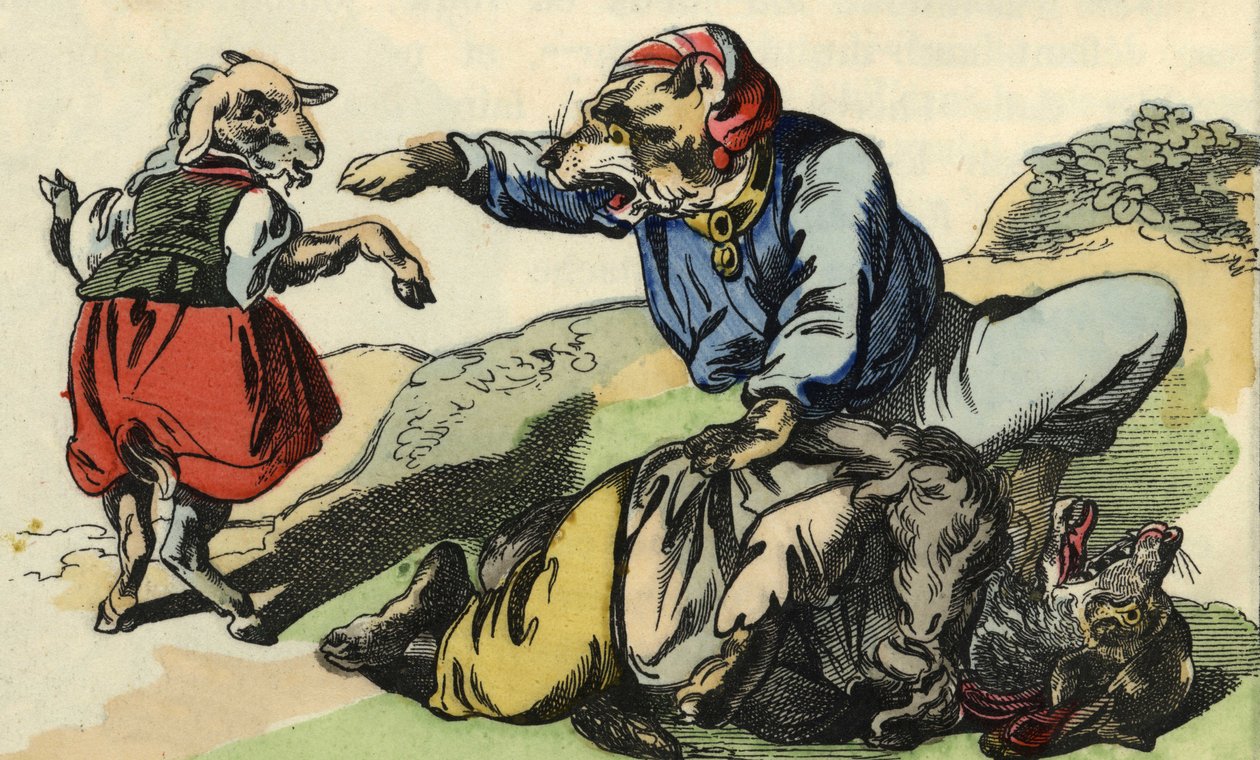 Medor megmenti Kis Szakácsot a farkastól. A „Bon medor és a kis Chevrette” című mese illusztrációja. A „” Mesék otthonról a kicsiknek” c. századi névtelen metszet. alkotó: Unknown artist