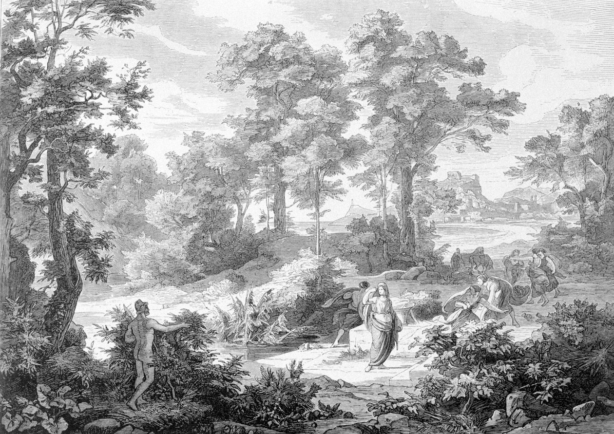 Találkozás Ulysses között, aki egy folyó közelében feküdt, és Nausicaa között. Metszet a 19. század végéről. alkotó: Unknown artist