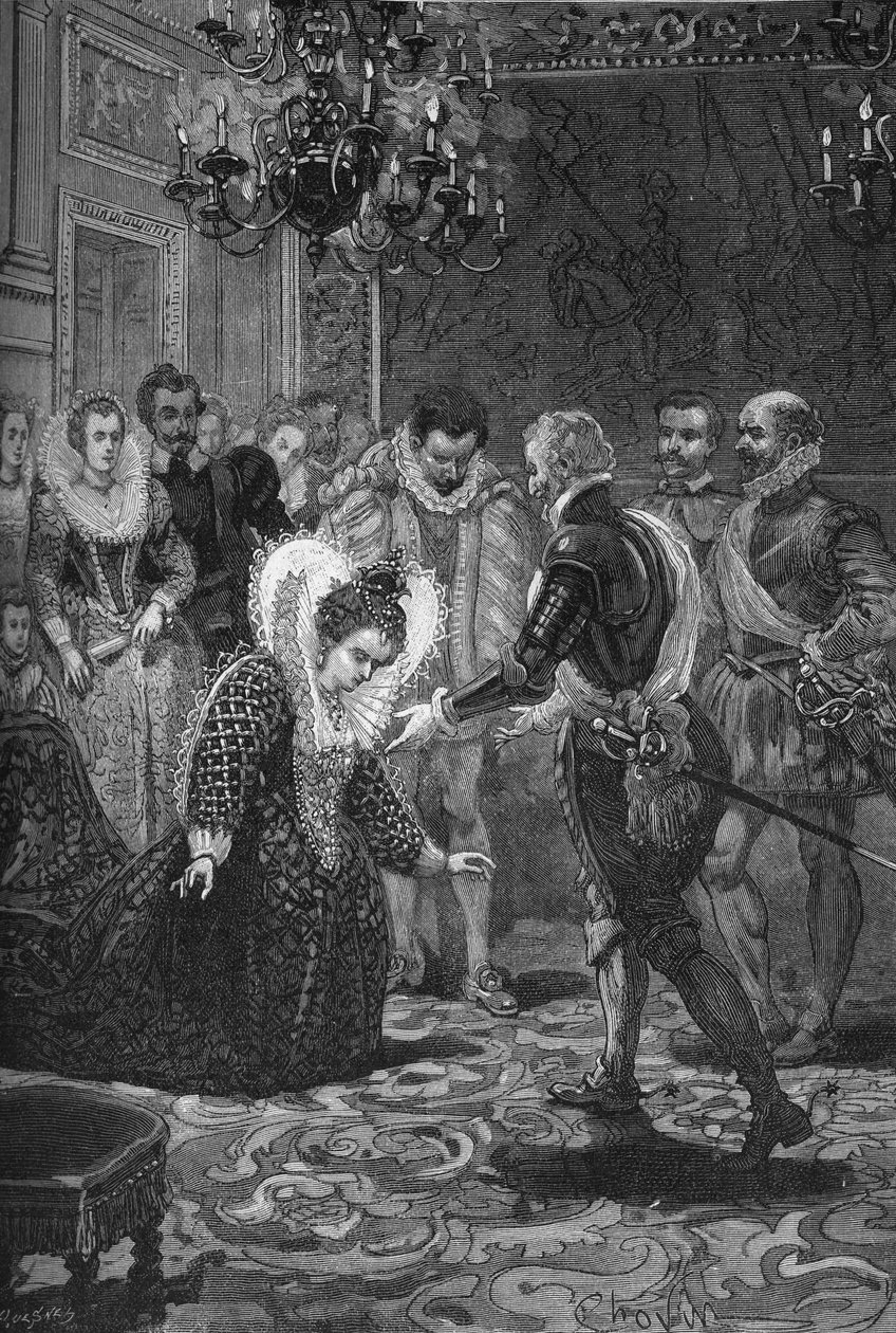 Maris de Medicis és IV. Henrik (1601) találkozása: Medici Mária (1573-1642) meghajol férje, IV. Henrik francia király (1553-1610) előtt. századi metszet. Jules Michelet „Histoire de France” című művében alkotó: Unknown artist