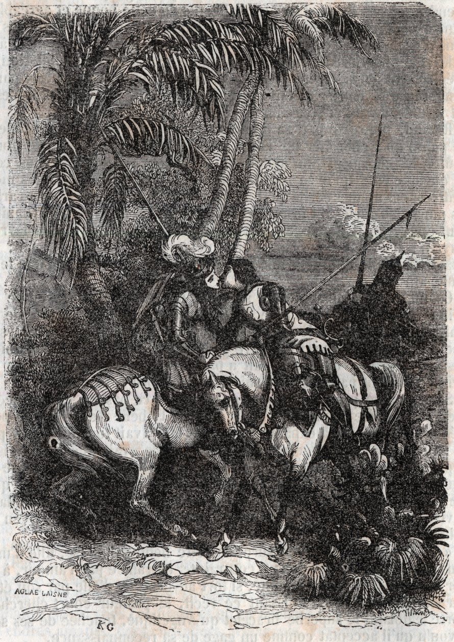 Marphise (Marfisa), Astolphe (Astolfo) és Sansonnet (Sansonetto) találkozása - Ludovico Ariosto (16. század) „” Roland furieux” (Orlando furioso) (16. század) metszete, Ariosta néven ismert – A kiadás olasz nyelvről fordította a gróf Tressan an alkotó: Unknown artist