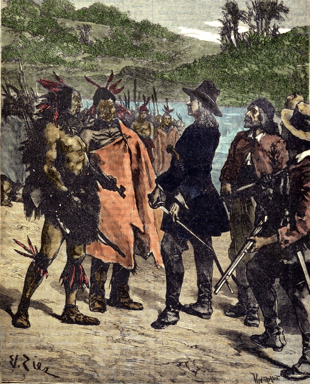 Robert Cavelier de La Salle (1643-1687) találkozása Amerika indiánjaival. századi metszet. alkotó: Unknown artist