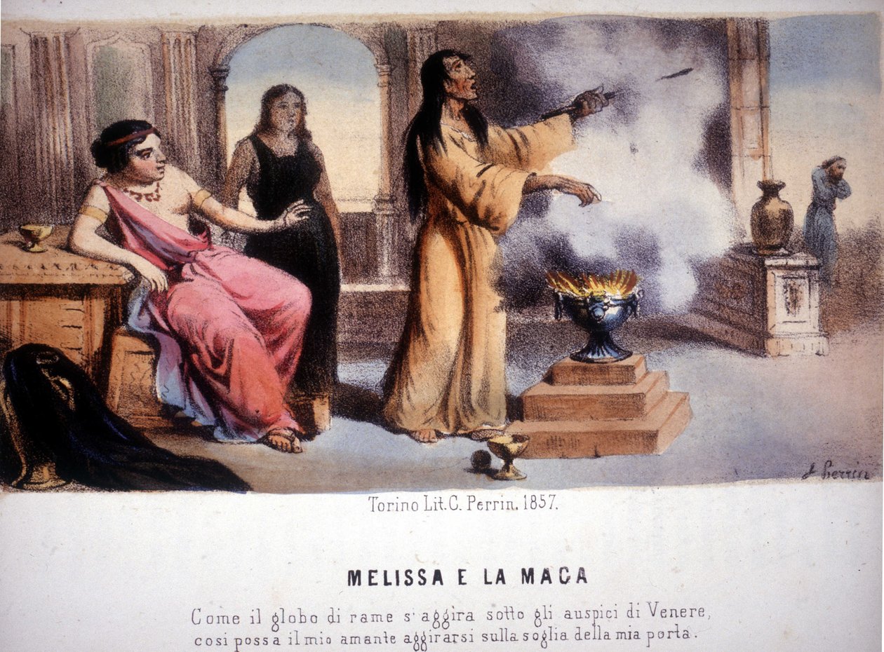 Melissa és a varázslónő: "Ugyanúgy, ahogy a rézgömböt a Vénusz befolyásolja, hogy a szeretőm megjelenjen a küszöbömön." 1857. alkotó: Unknown artist