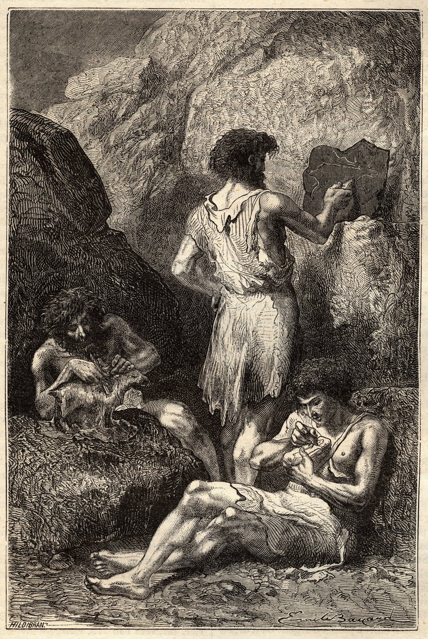 Férfiak kőkorban - Férfiak kőkorban - 19. századi metszet alkotó: Unknown artist