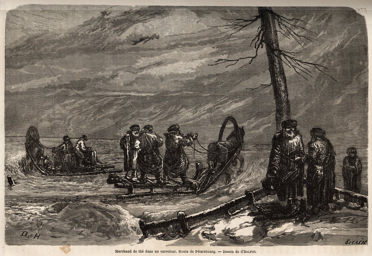 A mentő kereskedője, a Szentpétervár felé vezető út havas kereszteződése van. Henriet rajza az orosz balti tartományokba tett 1851-54-es utazásának illusztrálására. Gravírozás a „Le tour du monde”-ban, szerkesztette Edouard Charton alkotó: Unknown artist