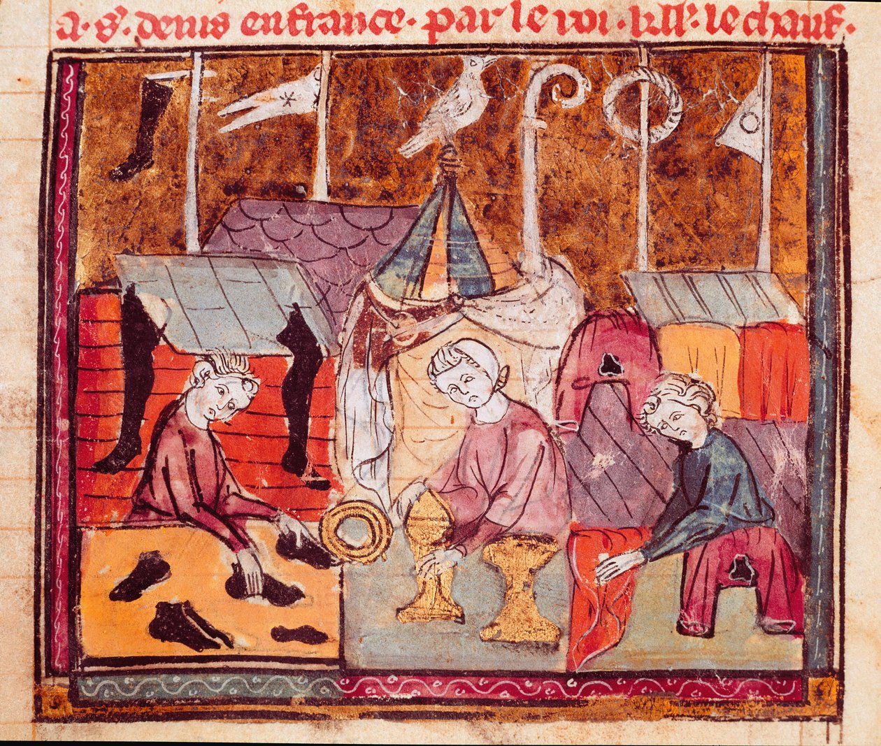 Kereskedők (cipész, ötvös, szövetkereskedő) a lenditi vásáron Saint Denis közelében Miniature from "" Grandes Chronicles de France"" 1375-1379 Városi Könyvtár, Castres alkotó: Unknown artist