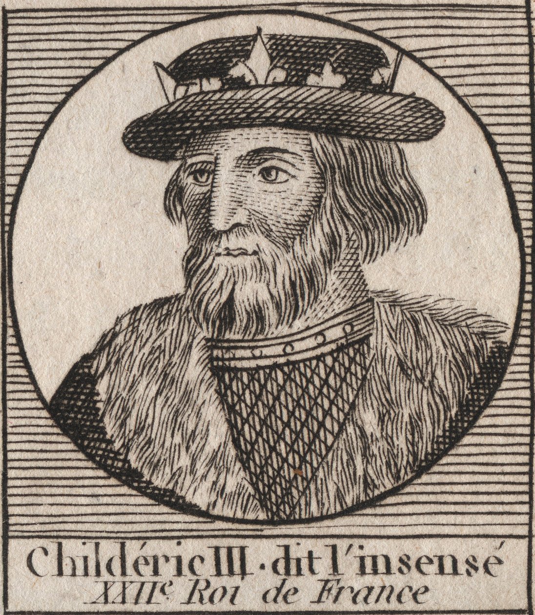 Meroving-dinasztia: III. Childeric (714-755) frankok királyának portréja - III. CHILDERIC (megh. 754) frankok királya, 741-751 és az utolsó Merovingok - metszet az „Instruction sur l