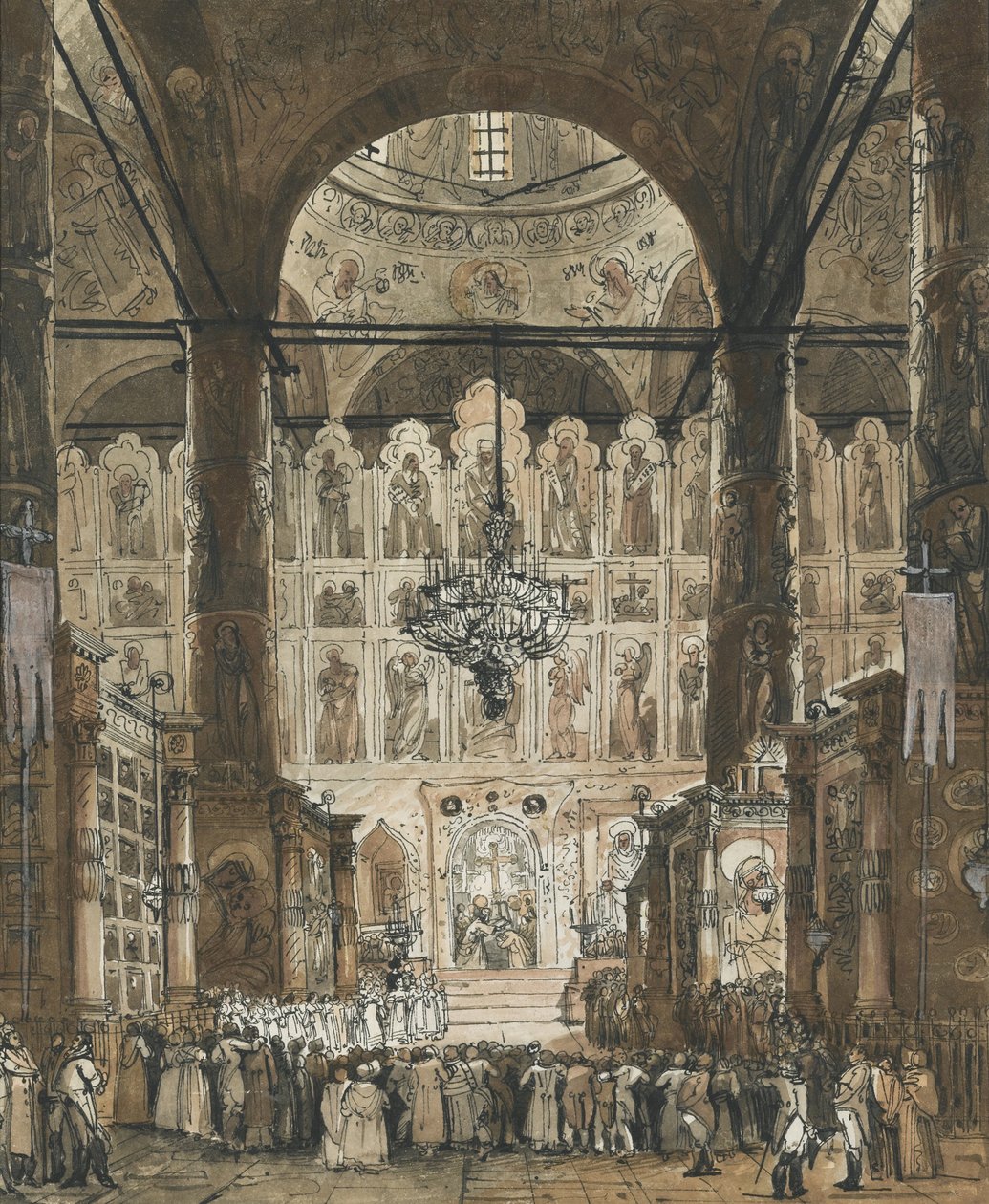 ""Mass at the Cathedral of the Ormition in the Moscow Kreml, Russia"" (mise a Moszkvai Kremlben lévő Szentségi katedrálisban) Anonymous gouache 1850 körül Magángyűjtemény alkotó: Unknown artist