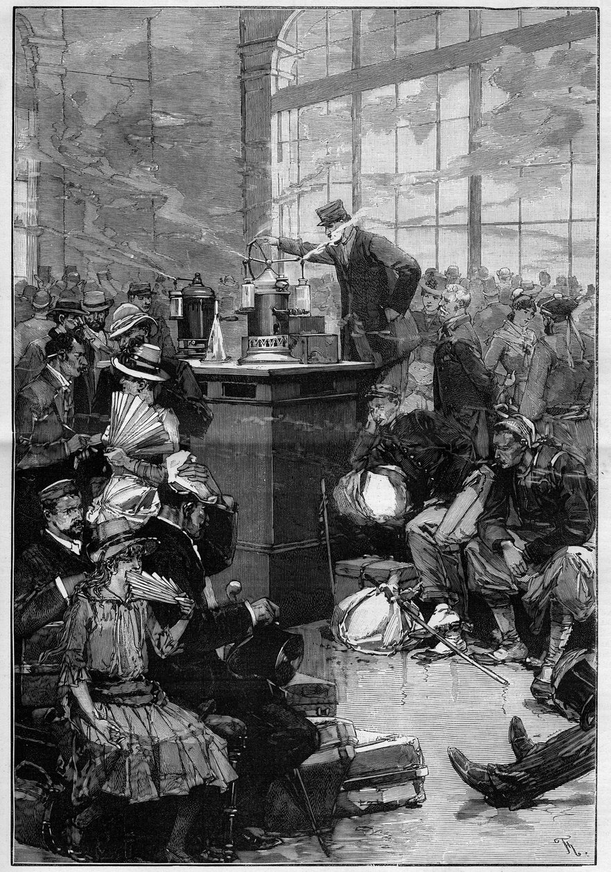 Intézkedés a széles körben elterjedt touloni kolerajárvány ellen: a párizsi Gare de Lyon fertőtlenítő helyisége. Metszet a ""The Illustrious World""-ben alkotó: Unknown artist