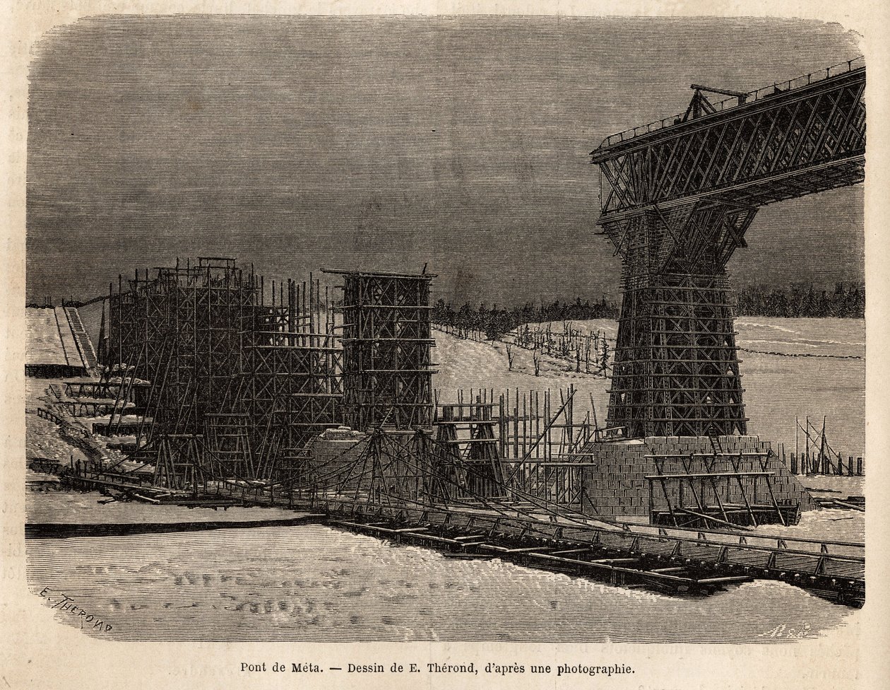 Meta-híd (Ukrajna), építés alatt. Gravírozás a La Russie libre illusztrálására, William Hepworth Dixon 1869-ben, megjelent a „Le tour du monde”” 1872-ben, szerkesztette Edouard Charton, Hachette kiadás, Párizs. Selva kollekció. alkotó: Unknown artist