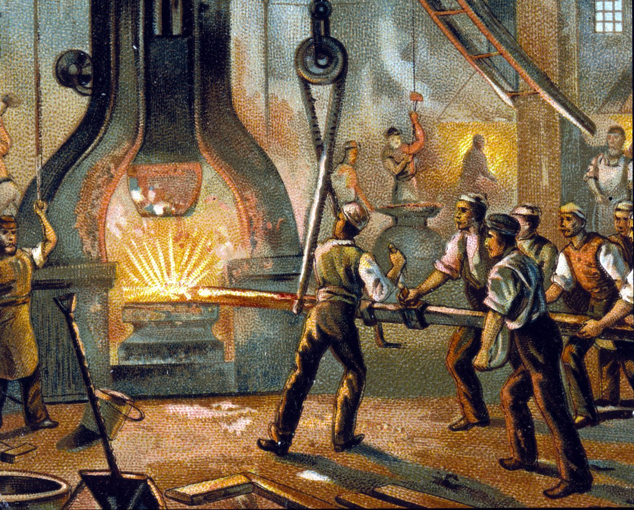 Kohászat: dobkalapács (dobhammer) - Vas gyártása. kromolitográfia 1890. alkotó: Unknown artist