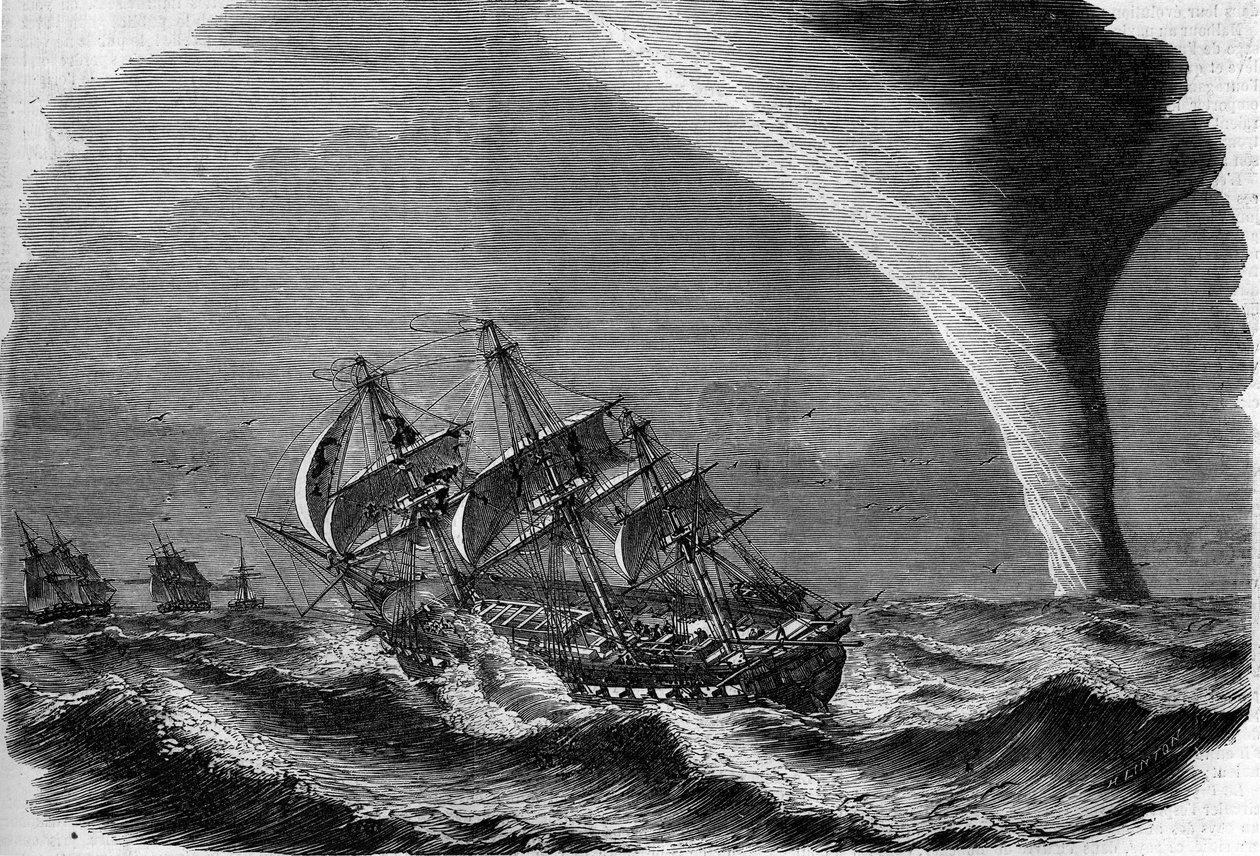 Meteorológiai jelenségek: kiöntő a tengeren. Linton metszete az 1858. március 20-i „” The Illustrous World” 49. számában. alkotó: Unknown artist