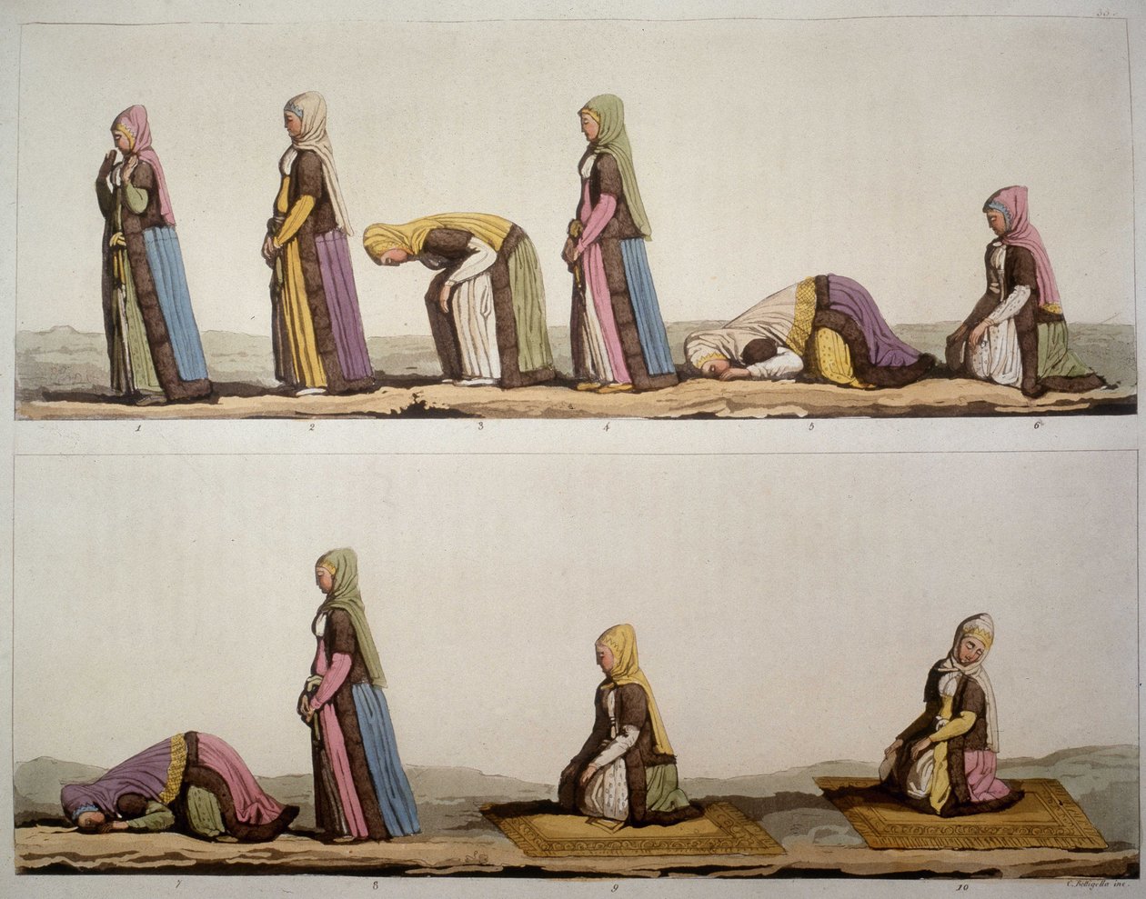 Módszer a muszlimok imapozícióihoz. „A régi és modern viseletben” 1819-1820, Ferrario. alkotó: Unknown artist