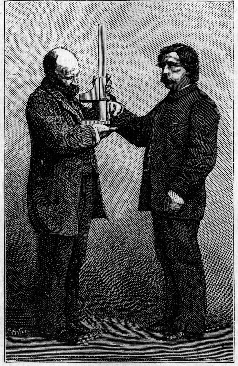 A betűtípus azonosításának módja: a középső ujj mérése csúszó iránytűvel. Metszet az 1883. augusztus 25-i „La Nature: revue des sciences et de leurs applications aux arts et a l