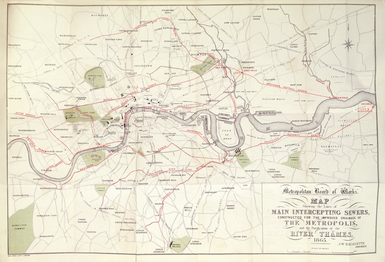A Fővárosi Üzemi Tanács térképe a Bazalgette által a Metropolisz jobb vízelvezetésére épített főelfogó csatornák tervéről alkotó: Unknown artist