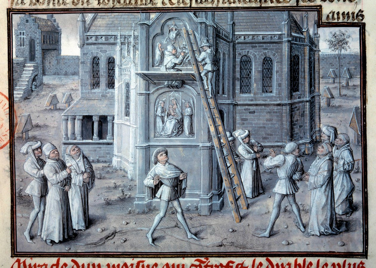 Középkor: gótikus katedrálisok építése. Szobrászok dolgoznak domborművek egy skálán. Miniatűr kéziratból. 15. századi Párizs, B.N. alkotó: Unknown artist