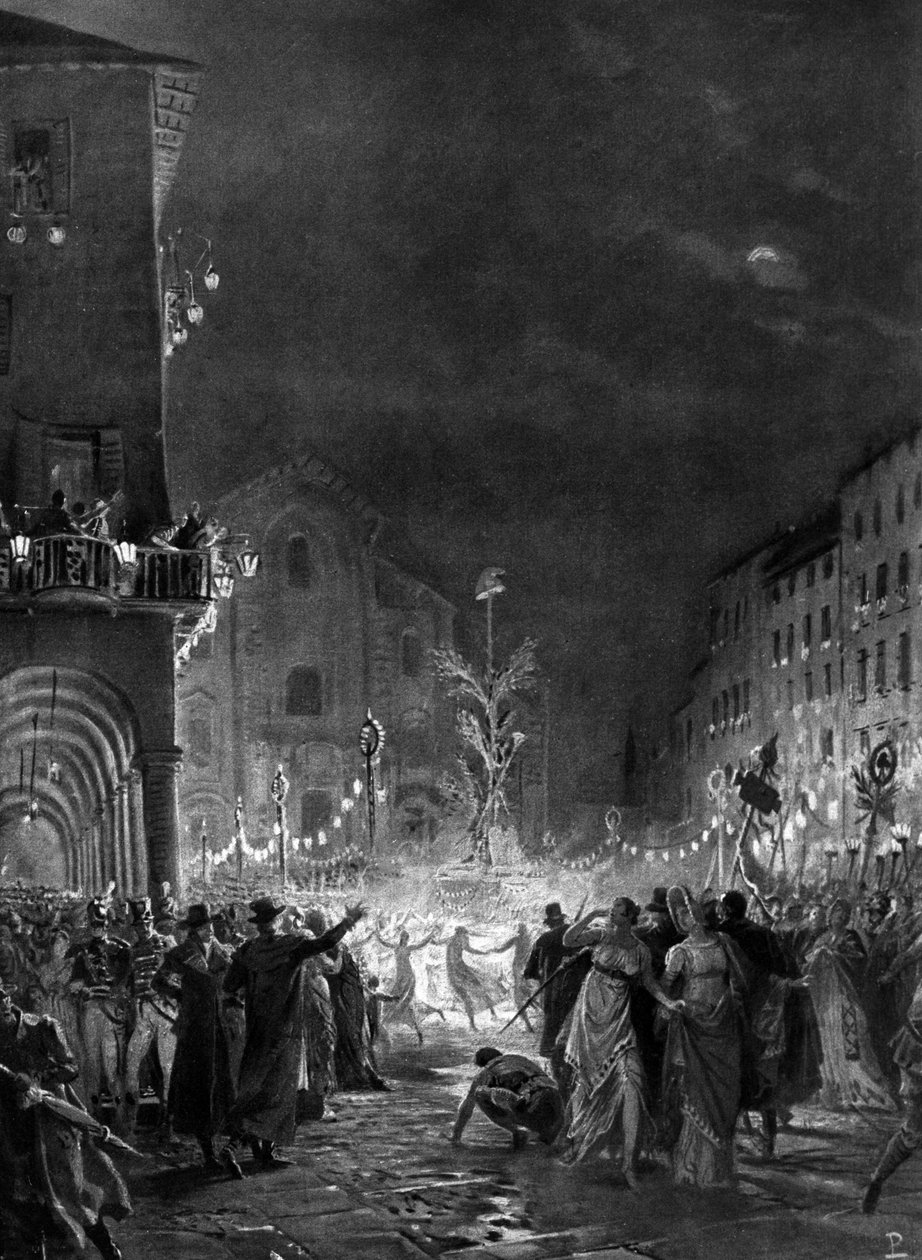Milánói tömeg örömében a Szabadságfa körül, amely a régi rezsim felett aratott győzelem szimbóluma, 1796.05. századi metszet alkotó: Unknown artist