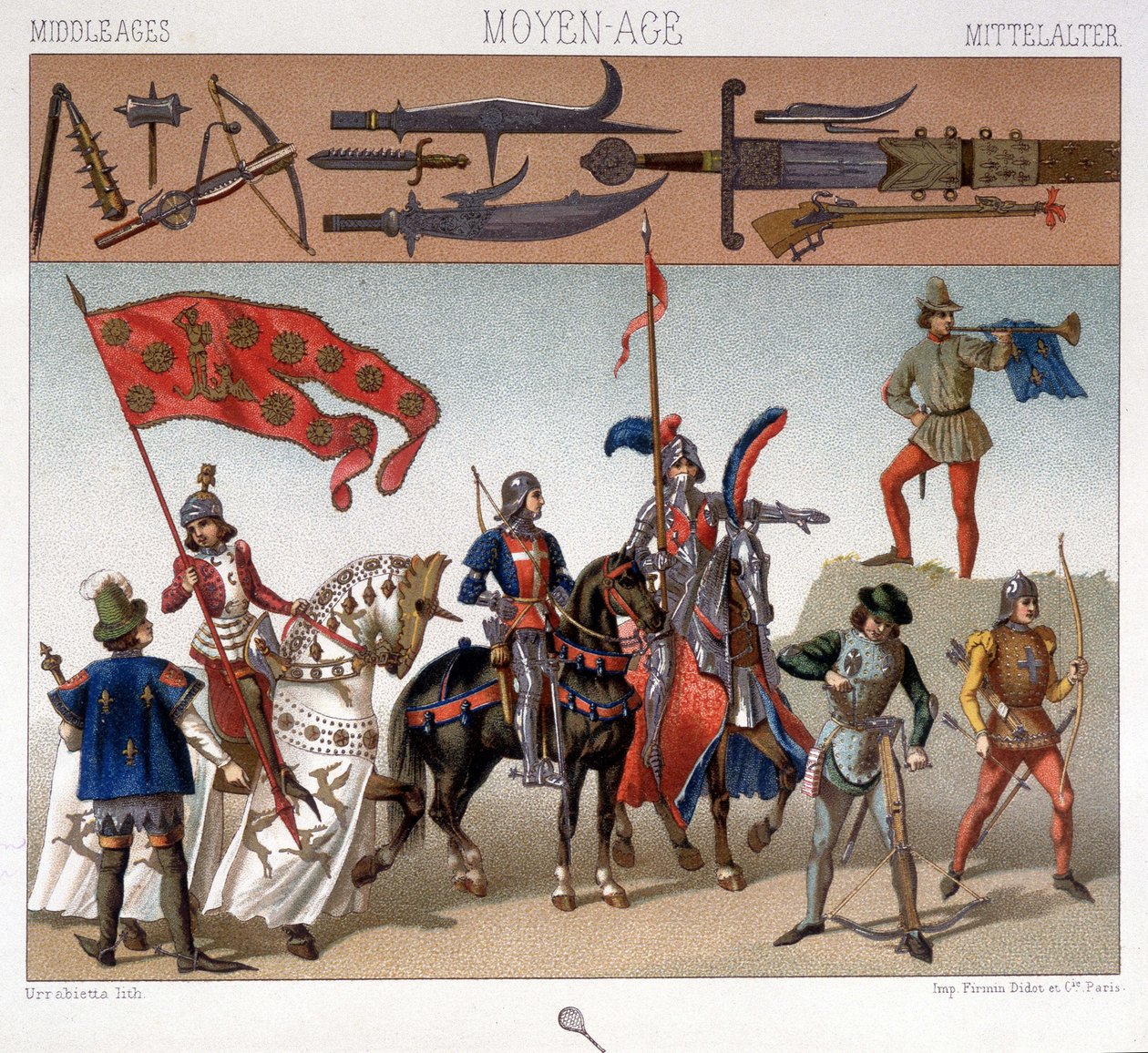 Katonai viseletek a középkorban 1439 és 1450 között. A. Racquet „A történelmi viselet” c. alkotó: Unknown artist