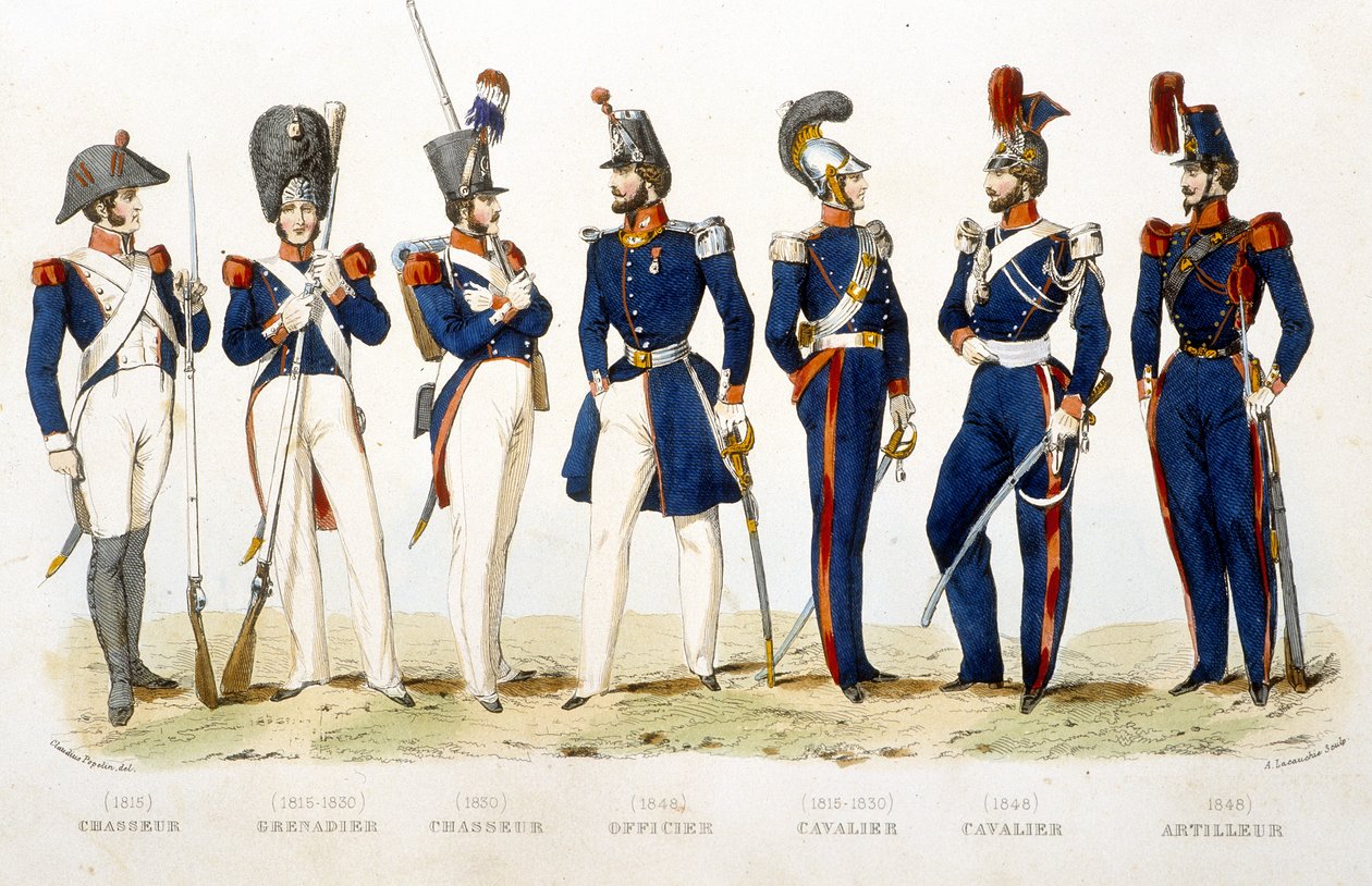 Katonai egyenruha: vadász (1815), gránátos (1815 - 1830), vadász (1830), tiszt (1848), lovas (1815 - 1830), lovas (1848), lövész (1848) - a „Fasttes de Gardes Nationales de France” ” alkotó: Unknown artist