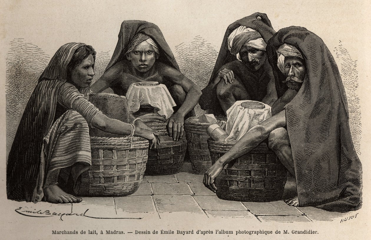 Tejkereskedők Madras (a mai Chennai, Tamil Nadu) utcáin. Alfred Grandidier 1862-1864-es metszete India meridionális tartományaiban való utazás szemléltetésére, megjelent a „le tour du monde”-ban, D