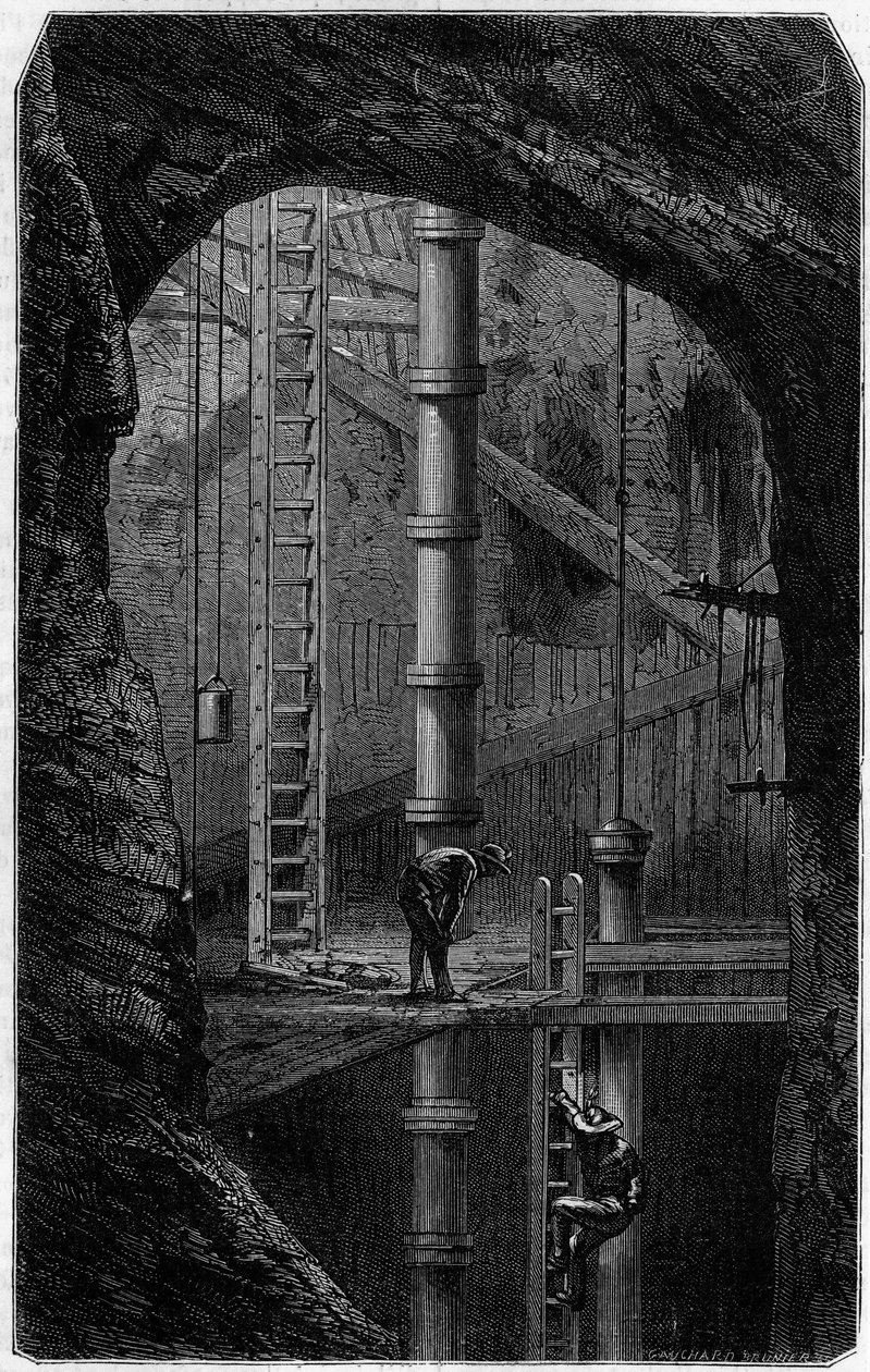 Bányászok egy bádogbányában Cornwallban, Angliában. Metszet a „La jeunesse” folyóiratban alkotó: Unknown artist