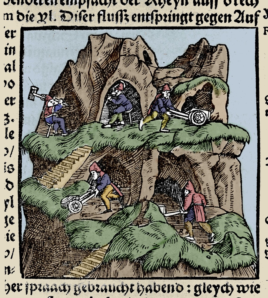 Bányák a 15. században. Metszet Johann Stumpff „Den Edlen Strength Besten Fromen” című művéből. század eleje. alkotó: Unknown artist