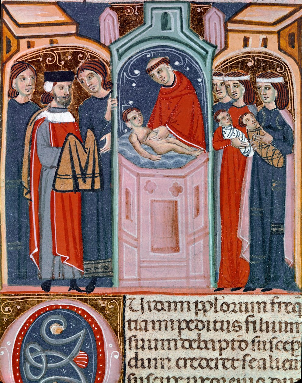 Miniatűr keresztelési jelenet a Justinianus-kódexből (Codex Justinianus), I. Justinianus bizánci római császár (483-565) alatt kiadott törvények és intézmények gyűjteményéből. alkotó: Unknown artist
