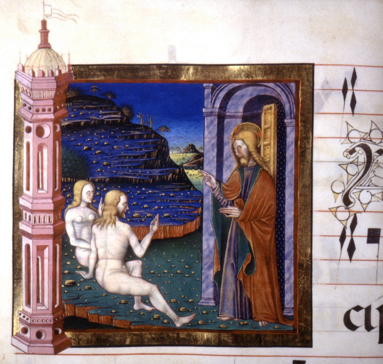 Ádám és Éva Isten általi teremtését ábrázoló miniatűr. Antifónia. 15. század. Biblioteca by Lodi alkotó: Unknown artist