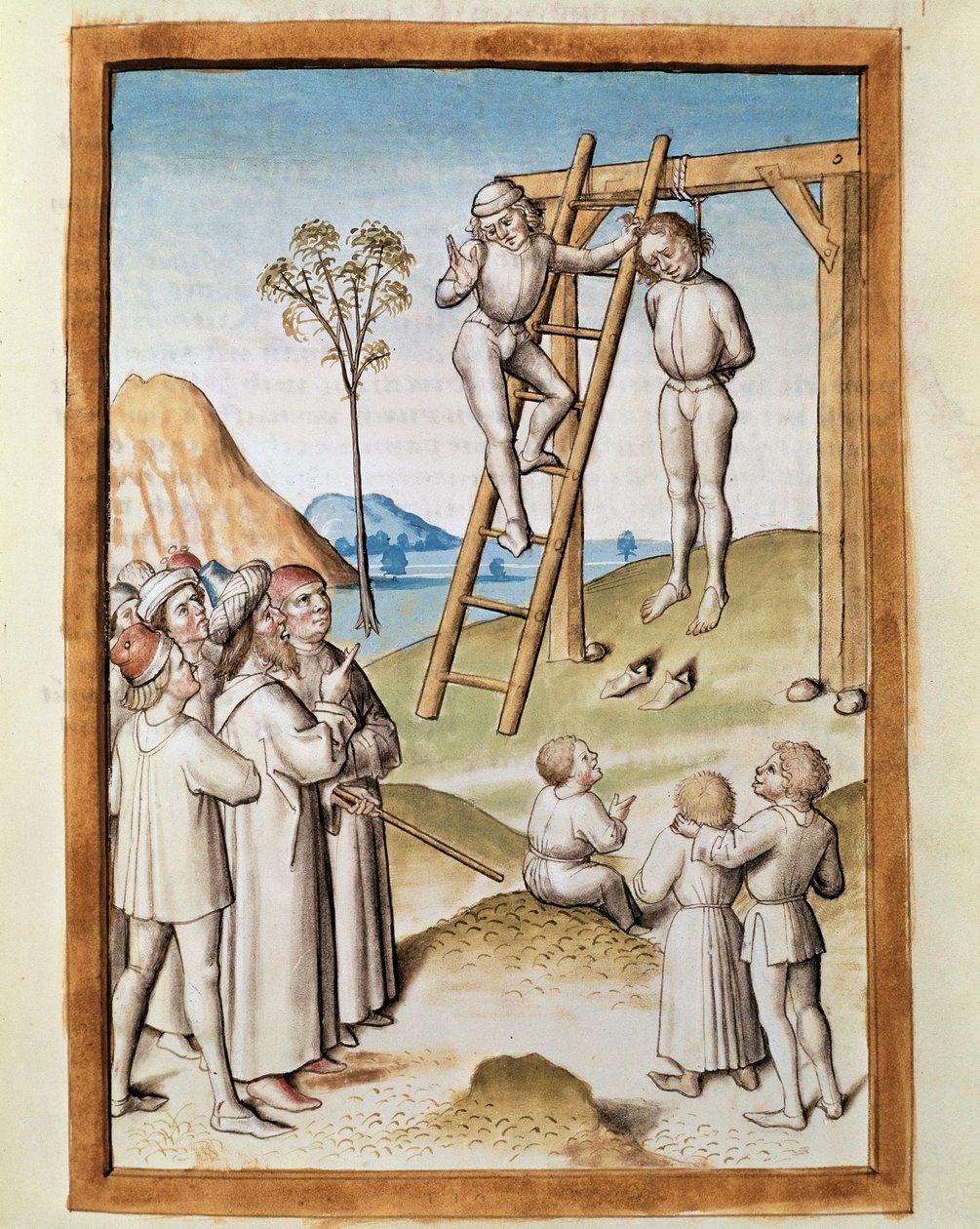 Miniatűr akasztós jelenet Bidpai „Kalila (Calila) és Dimna” meséinek német fordításából. (ms. 1389, fol. 117) 1480 körül Chantilly, Conde múzeum alkotó: Unknown artist