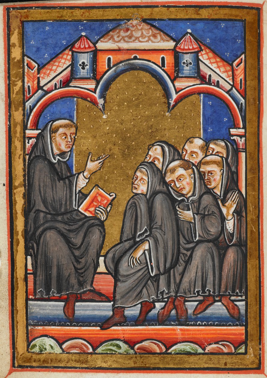 Cuthbert miniatúrája, amely a szerzeteseket tanítja a lindisfarne-i kolostorban, Bede Szent Cuthbert élete című prózája 16. fejezetéből. alkotó: Unknown artist