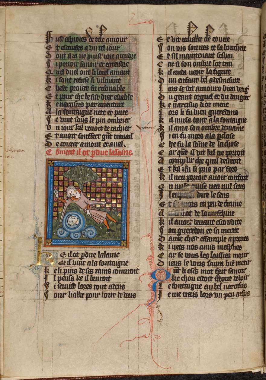 Nárcisz miniatűrje, aki egy szökőkútban csodálja tükörképét, a „Le Roman de la Rose”-ból alkotó: Unknown artist