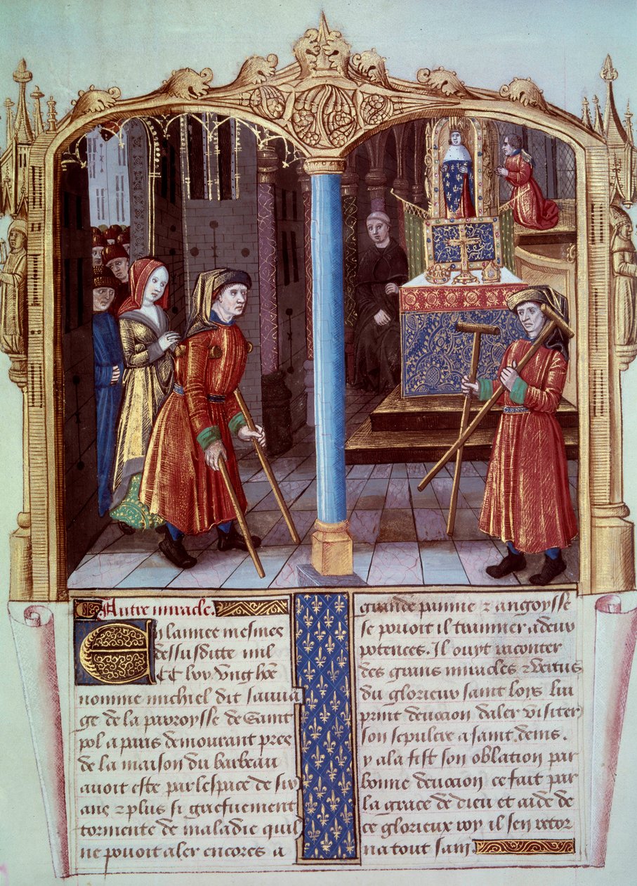 Szent Lajos csodája (1214-1270): a sánta harcosa bequille-lel. Miniatűr „Szent Lajos élete és csodái” c. alkotó: Unknown artist