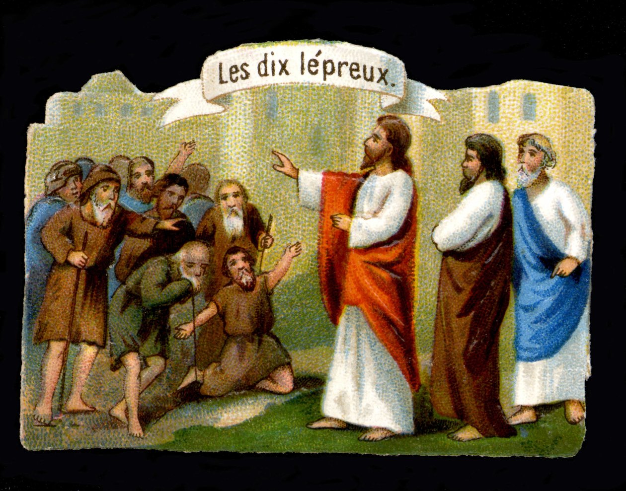 Jézus csodái. Krisztus a leprások ellen harcol. 19. századi kromolitográfia. alkotó: Unknown artist