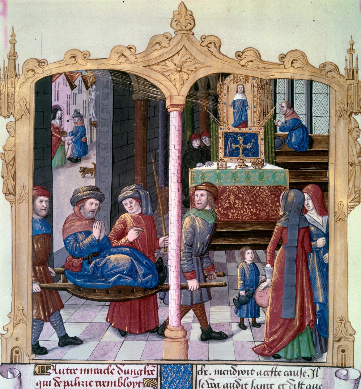 Szent Lajos csodái: IX. Lajos király (1214-1270) egy bénával harcolt. Miniatűr kéziratból „A tények könyve Monsignor Saint Louis” 15. század. Paris, B.N alkotó: Unknown artist