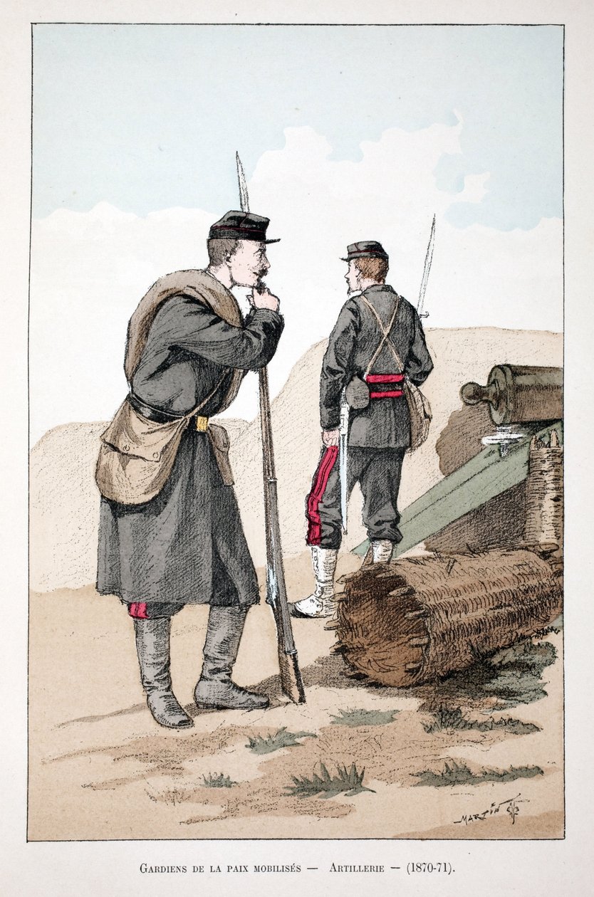 Mozgósított békefenntartók (1870-1871). Színes rézkarc, illusztrációként „” A békefenntartók hadtestének története”” című könyv Louis Lepine (1846-1933) Szajna menti rendőrprefektus gondozásában jelent meg Alfred Rey (1864-?) és Louis Feron gondozásában. alkotó: Unknown artist