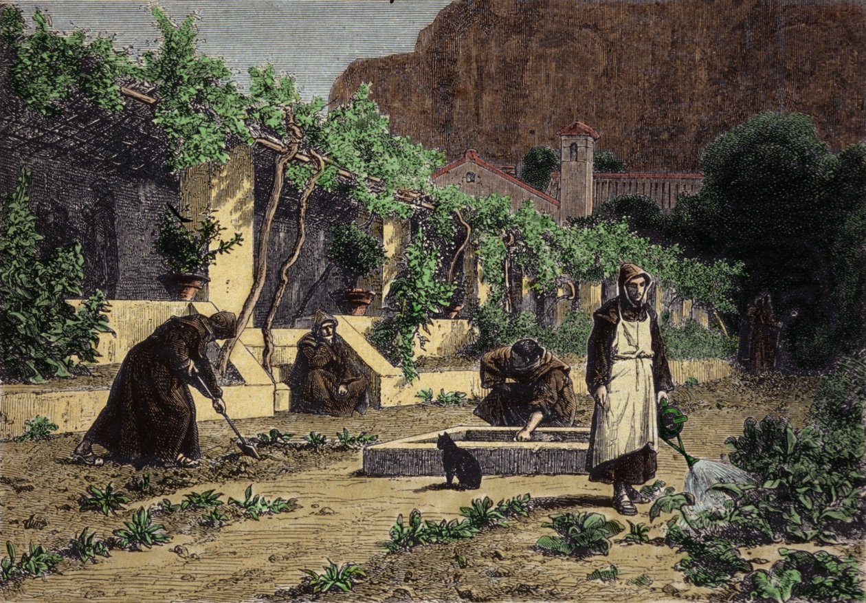 A kolostor veteményeskertje: a szerzetesek kertészkednek, hogy zöldséget neveljenek a kertjükben. századi metszet alkotó: Unknown artist