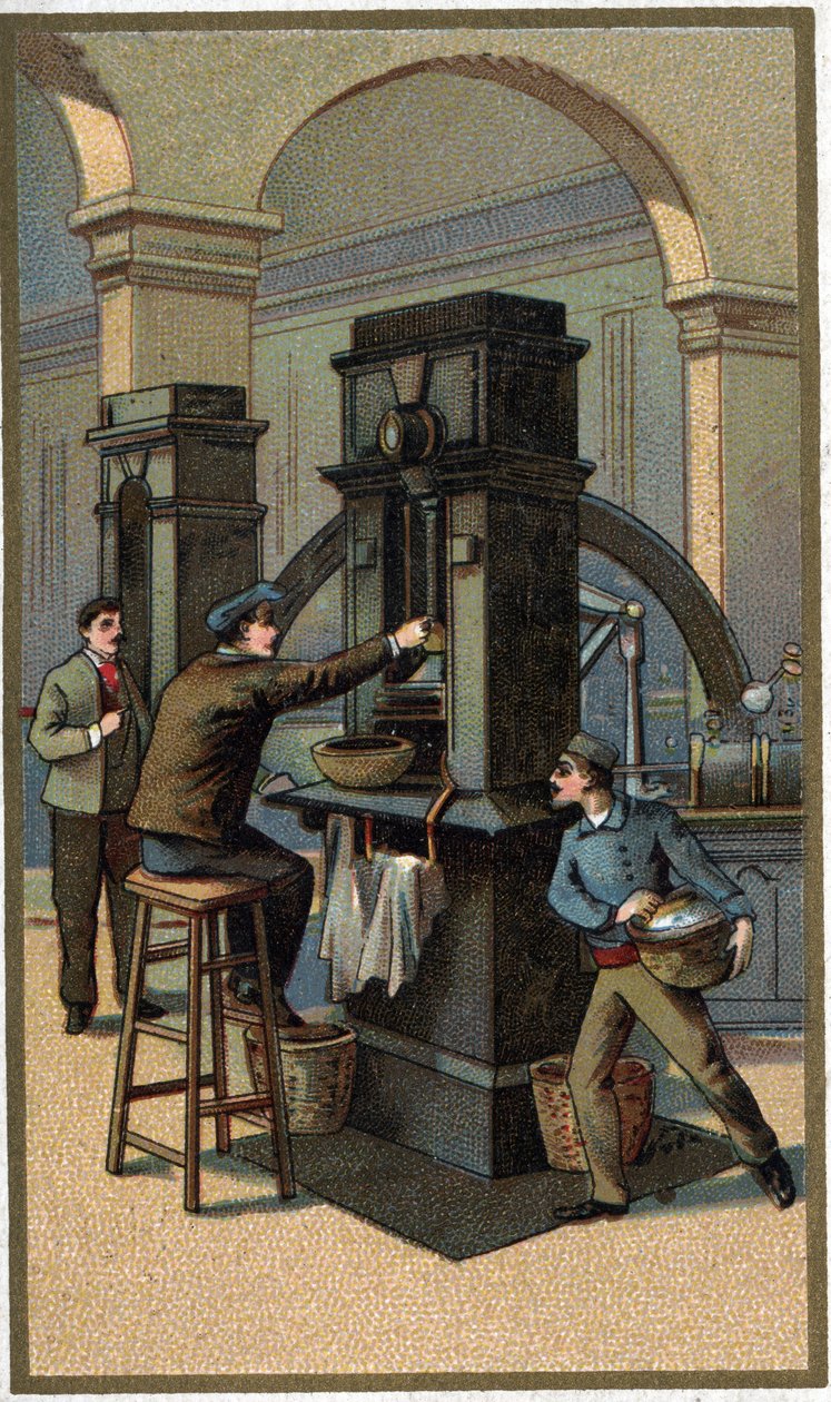 Pénzsajtó A 19. század végi kromolitográfiája alkotó: Unknown artist