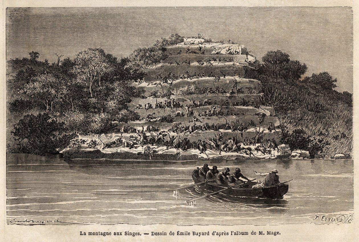 Monkey Mountain, a Szenegál folyó mentén, röviddel a Gouina-vízesés után (Mali). Metszet Mágus hadnagy 1863 és 1866 közötti nyugat-szudáni útjának történetének illusztrálására, amely a „Le tour du monde, nouveau Journal des voyages” című folyóiratban jelen alkotó: Unknown artist