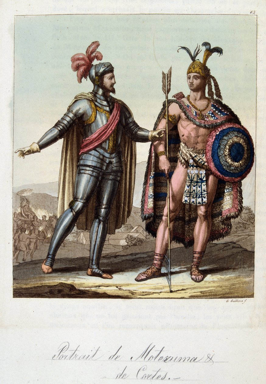 II. Montezuma, azték király és Hernan (vagy Hernando) Cortes vagy Fernand Cortez (1485-1547), spanyol hódító – Ferrario „” A régi és modern kosztüm”-ben, szerk. Milánó alkotó: Unknown artist