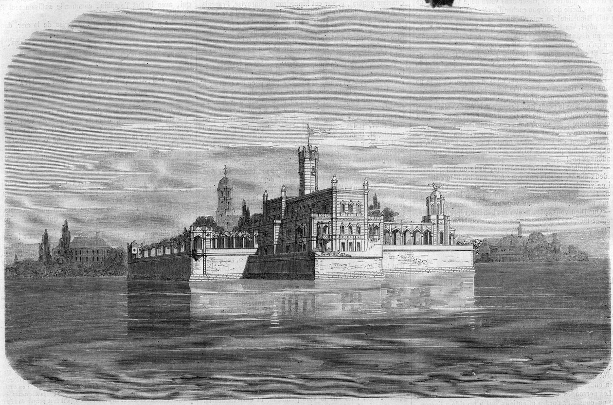 Montfort kastély a Bodeni-tónál Németországban. Metszet a "" The Illustrious Universe" -ba alkotó: Unknown artist