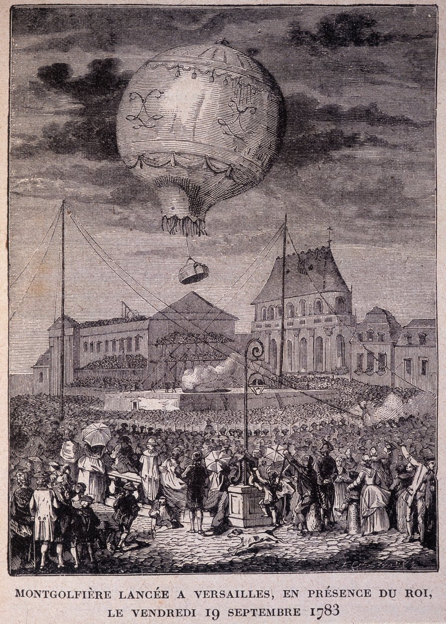 A Montgolfiere indítása Versailles-ban, a király (XVI. Lajos) jelenlétében, 1783.09.19., péntek - a „Les Contemporains”-ban, n.d. század vége. alkotó: Unknown artist