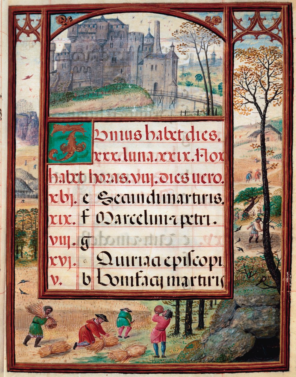 Június hónap: táj és betakarítás. Parasztok munkában. A portugál I. Manuel (1469-1521) „” Book of Hours” kéziratának oldala 1517. Lisszabon, Museo di Arte Antica alkotó: Unknown artist
