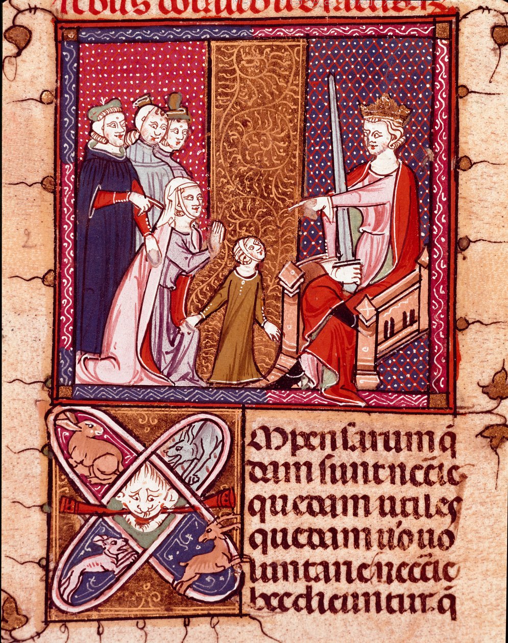 Anya és gyermeke megjelenik egy király előtt, a Justice képviselője Miniatűr a „Justiniani in Fortiatum”-ból” 14. századi Escorial kolostor királyi könyvtára (Escorial), Spanyolország alkotó: Unknown artist