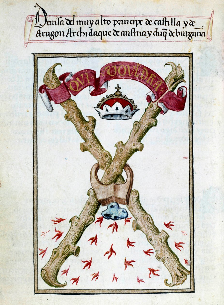 Burgundia hercegeinek mottója. Kéziratos oldal a spanyolországi Joan, Folle királynő (1479-1555) áhítatának gyűjteményéből, Pedro Marcuello (“Da Juana királynő áhítata, akit az őrült nőnek hívtak”), 15. század Chantilly, Musee Conde alkotó: Unknown artist