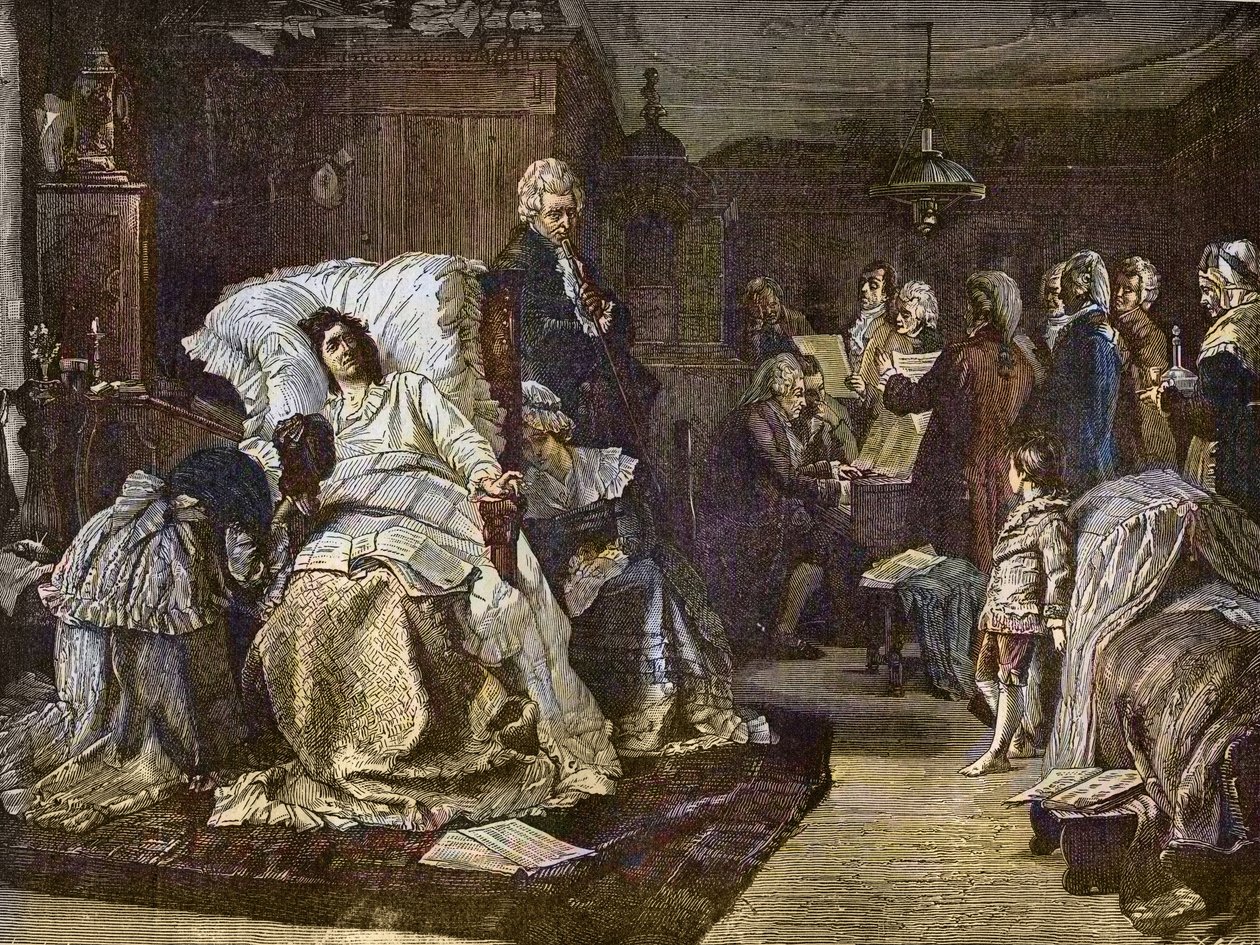 Mozart utolsó napjai Hermann Kaulbach (1846-1909) festménye után - Gli ultimi momenti di Mozart - Wolfgang Amadeus Mozart utolsó napja - metszet a „"Popular Music"" jeles hetilapba - 1882 alkotó: Unknown artist