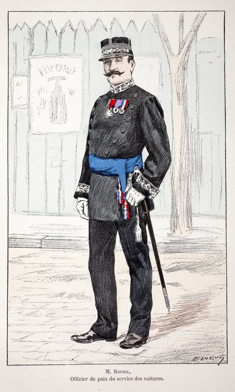 Mr. Roudil, az autószolgálat béketisztje. Színes rézkarc, illusztrációként „” A békefenntartók hadtestének története”” című könyv Louis Lepine (1846-1933) Szajna menti rendõrség prefektusa gondozásában jelent meg, Alfred Rey (1864-?) és Lo. alkotó: Unknown artist