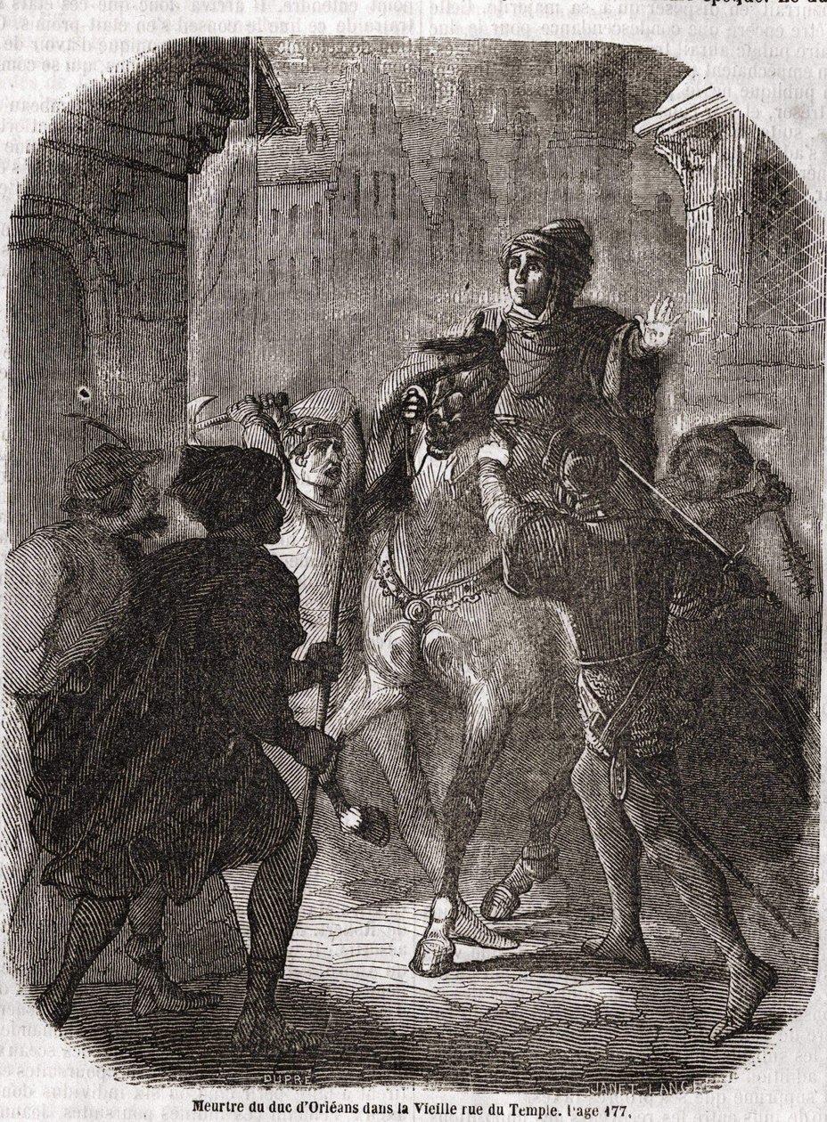 Valois I. Lajos, Orléans hercege (1372-1407) meggyilkolása a régi rue du Temple-ben, Jean Sans Ppeur által – L.-P. „” Histoire de France” című könyvében. Anquetil alkotó: Unknown artist
