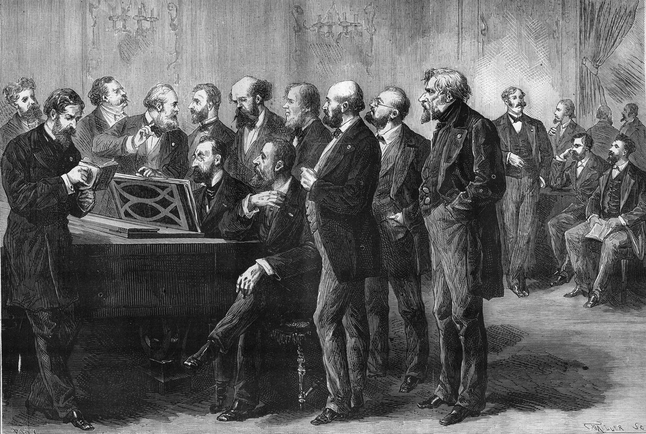 Párizs város zenei versenye 1878-ban. A Palais du Luxemburg zsűrije az „Elveszett Pardis” és a „Bögre” partitúráját vizsgálta. Balról jobbra: oszlop, Perrin, Cherouvrier, Gounod, Boulanger, Camille Saint Saens (Saint-Saens), Lenepveu, vaucorbe alkotó: Unknown artist
