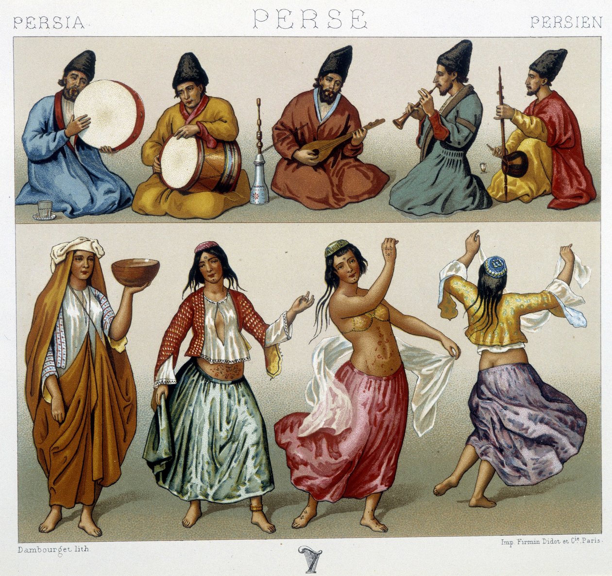 Zenészek és táncosok Perzsiában – Racinet „A történelmi jelmezben” alkotó: Unknown artist