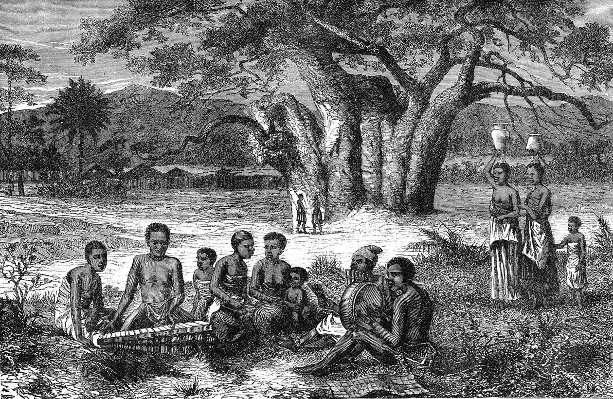 Zenészek a Zambezi folyó partján, Afrikában. Metszet 1885 alkotó: Unknown artist